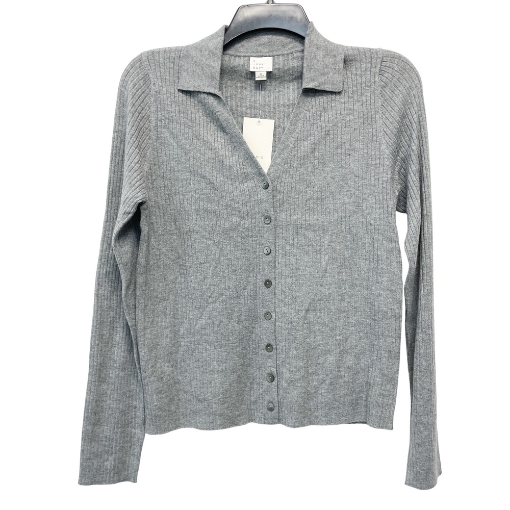 A New Day Women's Gray Ribbed Knit Polo Button Front Cardigan Sweater Size Small